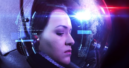 Wall Mural - close up 4k shot of the young beautiful female astronaut in space helmet. she is exploring outer spa