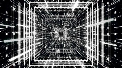 Wall Mural - Hyperspace jump through stars, time, and cosmic tunnel, seamless loop. Animation. Abstract flight through 3D futuristic tunnel and flowing bright particles, monochrome.