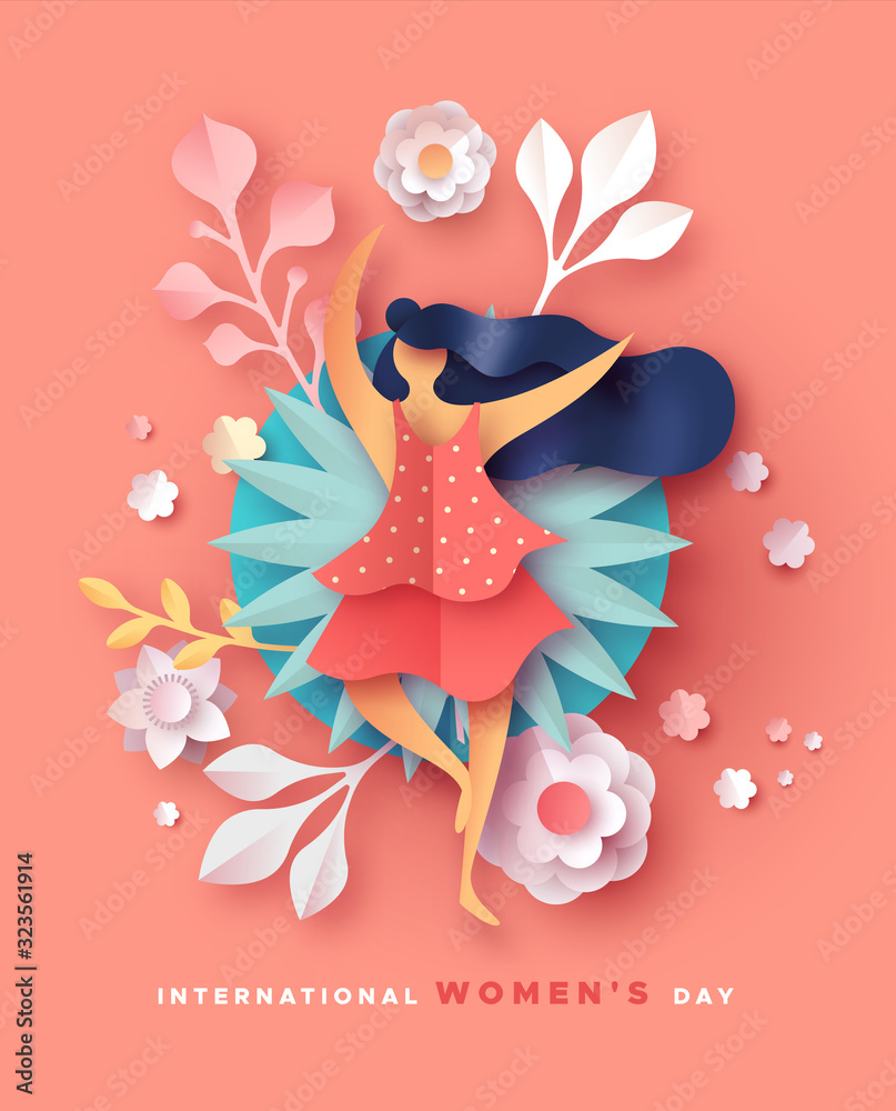 Women's day card happy papercut flower woman - obrazy, fototapety, plakaty 