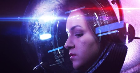 Wall Mural - young beautiful female astronaut in space helmet looking at camera. she is exploring outer space in 
