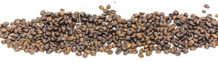 Horizontal view heap of roasted Vietnamese  robusta coffee beans isolated