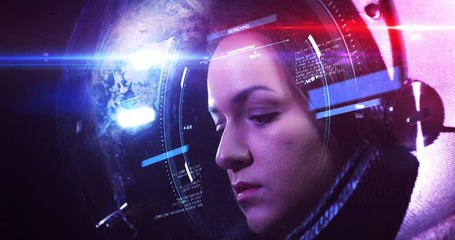 Wall Mural - young brave beautiful female astronaut in space helmet looking at camera. she is exploring outer spa