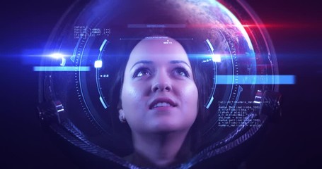 Wall Mural - portrait 4k shot of the young smiling female astronaut in space helmet. she is exploring outer space