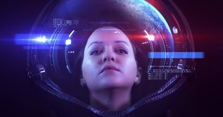 Wall Mural - portrait 4k shot of the young smiling female astronaut in space helmet. she is exploring outer space