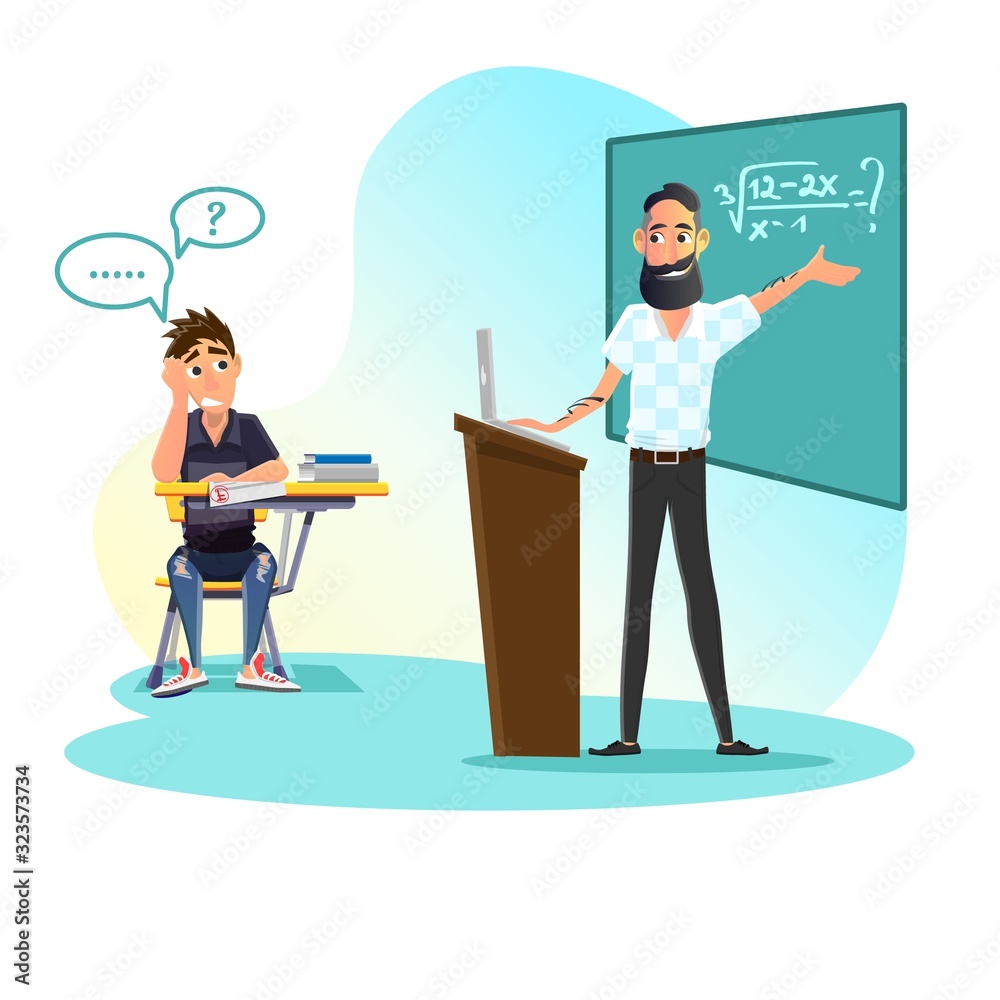 Professor Asking Confused Male Student about Formula, Equation Solution on Chalkboard. Math Lesson. Audience or Classroom Flat Interior. Education Process. Hard Question. Vector Cartoon Illustration