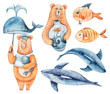 Watercolor Hand Painted Cute Whale, Shark, Fish, Bears.. Cartoon Fantasy World Illustration. Greeting Card, Print, Poster, Book Illustration