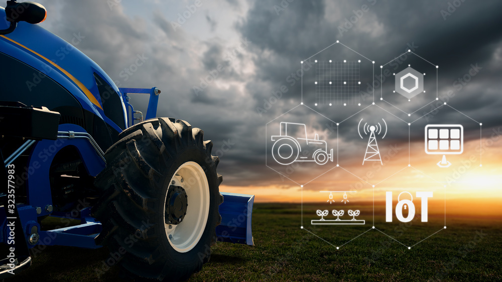 IOT smart farming, agriculture in industry with artificial intelligence and machine learning concept.Automatic tractor using carrier-phase differential GPS. Smart Technology 4.0 or society 5.0 - obrazy, fototapety, plakaty 