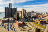 Fototapeta Paryż - Downtown Detroit visible logos editorial aerial photo