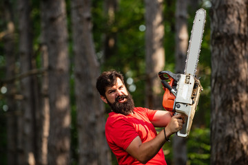 Wall Mural - Man doing mans job. Agriculture and forestry theme. Handsome young man with axe near forest. The Lumberjack working in a forest. Firewood as a renewable energy source.