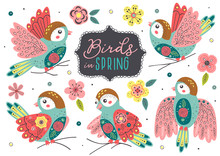 Set Of Isolated Beautiful Spring Birds With Flowers - Vector Illustration, Eps    