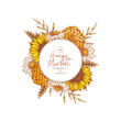 © Maria - Honeycomb, flower and wheat colored round design. Honey and floral elements engraved vintage style. Vector illustration