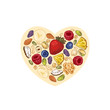 © Maria - Granola heart shape design. Engraved style illustration. Various berries, fruits and nuts. Vector illustration