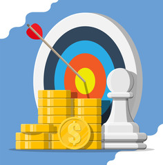 Poster - Target with arrow, chess pawn piece and pile of gold coins. Goal setting. Smart goal. Business target concept. Achievement and success. Vector illustration in flat style