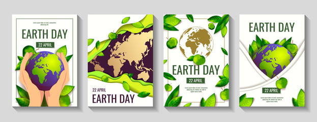 Wall Mural - Set of 4 cards for Earth Day, World Environment Day with globe and fresh green leaves. Ecology, environment safety concept. A4 Vector illustrations for posters, banners, cards, covers, flyers.