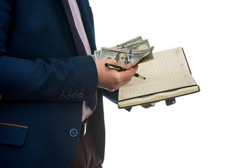 man holding open notebook signs purchase or lease agreement with cash  isolated on white background