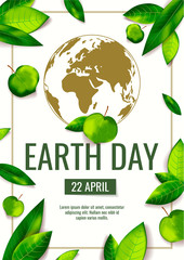 Wall Mural - Banner for Earth Day, World Environment Day with globe and fresh green leaves. Ecology, environment safety concept. A4 Vector illustration for poster, banner, card, placard, cover, flyer.
