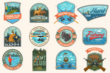Set Of Fishing And Hunting Club Patches. Vector Concept For Shirt, Print, Patch. Patches With Hunting Gun, Hunter, Fish Rod, Fisher, River, Forest. Outdoor Fishing And Hunting Club Emblem