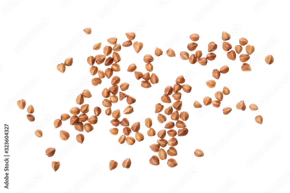 buckwheat grain isolated on white background . Top view. Flat lay. - obrazy, fototapety, plakaty 