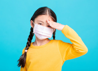 Sticker - sick Girl child in medical mask isolated on blue background