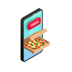 Wall Mural - Online fast food ordering isometric concept. 3d pizza in box, button order on smartphone screen isolated on white. Delivery service vector illustration for web, advert, italian menu, mobile app