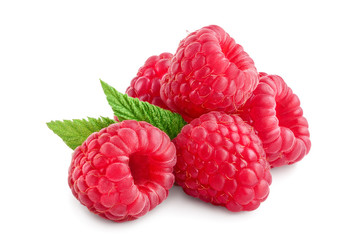 Wall Mural - Ripe raspberries with leaf isolated on a white background