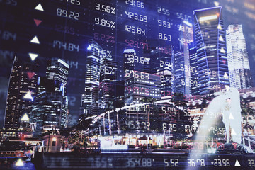 Financial chart on city scape with tall buildings background multi exposure. Analysis concept.