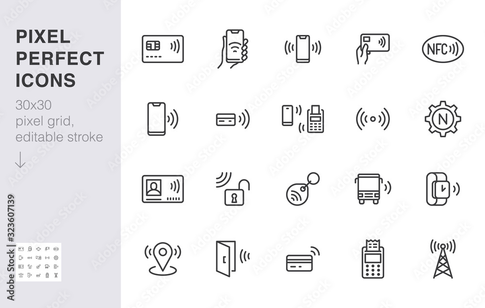 NFC line icon set. Near Field Communication technology, contactless payment, card with chip minimal vector illustration. Simple outline signs for smartphone pay. 30x30 Pixel Perfect. Editable Strokes - obrazy, fototapety, plakaty 