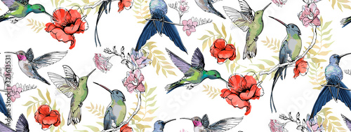 Plakat na zamówienie Seamless pattern with floral romantic elements, hand drawn colibri for your design. Endless texture, sketch humming-birds, watercolor flowers, isolated on white background. Vector illustration. 