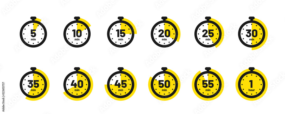 Set of timer and stopwatch icons. Kitchen timer icon with different minutes. Cooking time symbols and labels - obrazy, fototapety, plakaty 