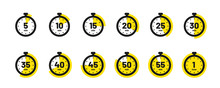 Set Of Timer And Stopwatch Icons. Kitchen Timer Icon With Different Minutes. Cooking Time Symbols And Labels