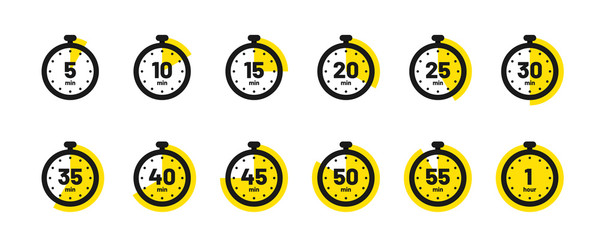 set of timer and stopwatch icons. kitchen timer icon with different minutes. cooking time symbols an