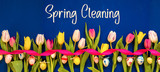 Fototapeta Tulipany - English Text Spring Cleaning. Banner Of White And Pink Tulip Spring Flowers With Ribbon And Easter Egg Decoration. Blue Wooden Background