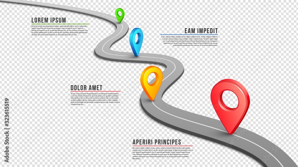 Highway. Winding empty road, GPS pins and infographic elements. Black ...