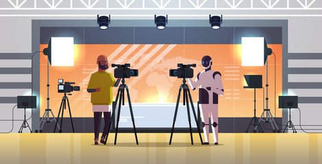 Poster - robotic operator with cameraman using video camera on tripod robot vs human standing together broadcasting artificial intelligence technology concept news studio interior full length horizontal vector