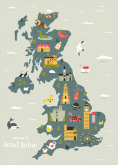 Wall Mural - Vector map of Great Britain with famous symbols