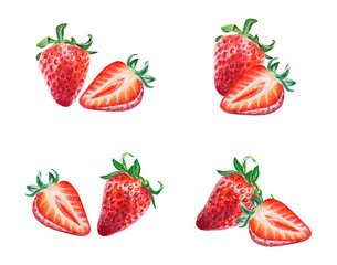 Watercolor set of red juicy strawberries. Hand drawn food illustration. Fruit print. For postcards, packages, cards, logo, desserts. Summer sweet and bright fruits and berries.