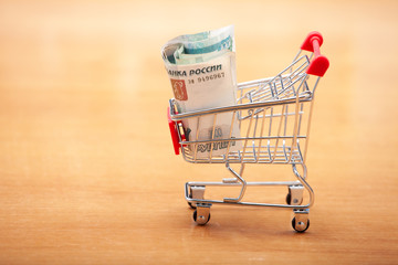 Canvas Print - Food cart with Russian money. food basket