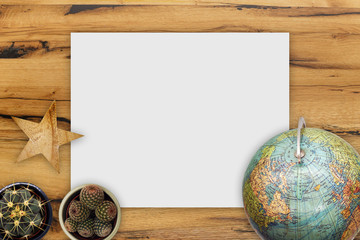 Flat lay top view World travel concept with wooden background and canvas