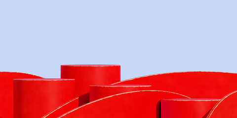 Poster - Minimal background for branding and packaging presentation. Red podium with blue background. 3d rendering illustration.