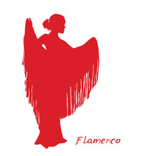 Woman In Long Dress Stay In Dancing Pose. Flamenco Dancer, Spanish. Beautiful Female Profile Red Silhouette Isolated On White Background. Vector