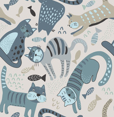 Wall Mural - Vector seamless pattern with cute cats in simple flat style.