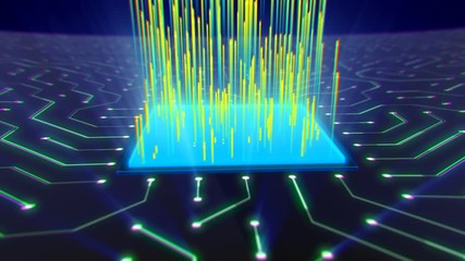 Poster - impressive 3d rendering of a turning around square cpu with beaming up yellow rays. it is located on