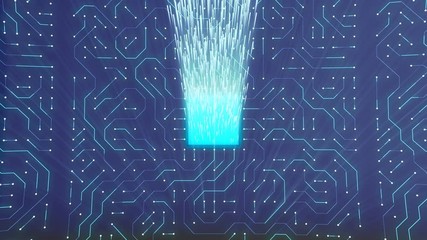 Poster - wonderful up down 3d rendering of a square cpu with pulsing up light blue rays shining over the viol
