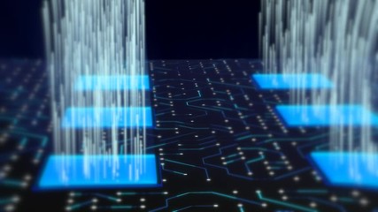 Poster - striking 3d rendering of three lines of square blue microchips with pulsing white rays. they are pla