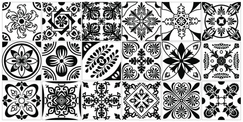 Vector tile pattern, Lisbon floral mosaic, Mediterranean black and white ornament