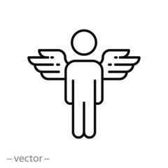 Wall Mural - winged angel icon, man with wings, hero logo, holy person, thin line web symbol on white background 