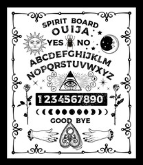 Wall Mural - Ouija Board with the skull. Occultism Set. Vector Illustration.