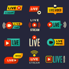 Poster - Live stream icon. News or movie broadcasting play tv badges collection vector set. Live news, stream web broadcast, tv media streaming illustration