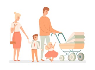 Wall Mural - Large family. Parents and children. Happy mother, father and baby, son and daughter. Parenthood vector illustration. Mother and parenthood, together family