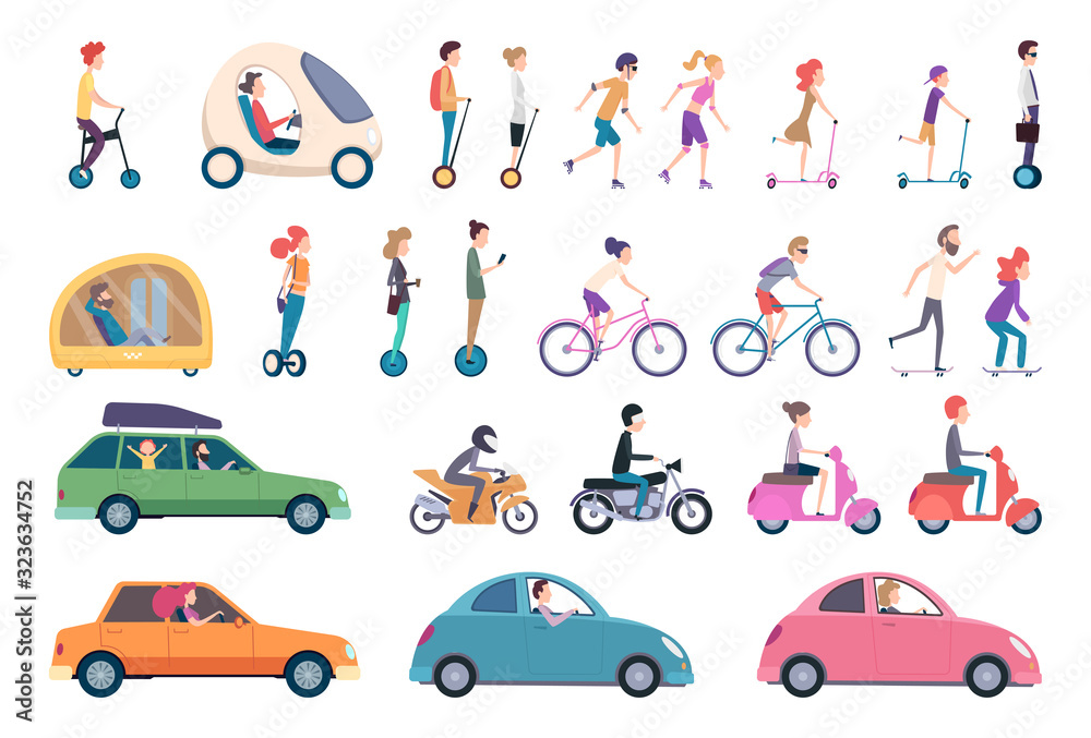 City transport. People driving cars scooter bike hoverboard segway urban activity people lifestyle vector set. Urban active, drive and scooter, ride transportation illustration - obrazy, fototapety, plakaty 